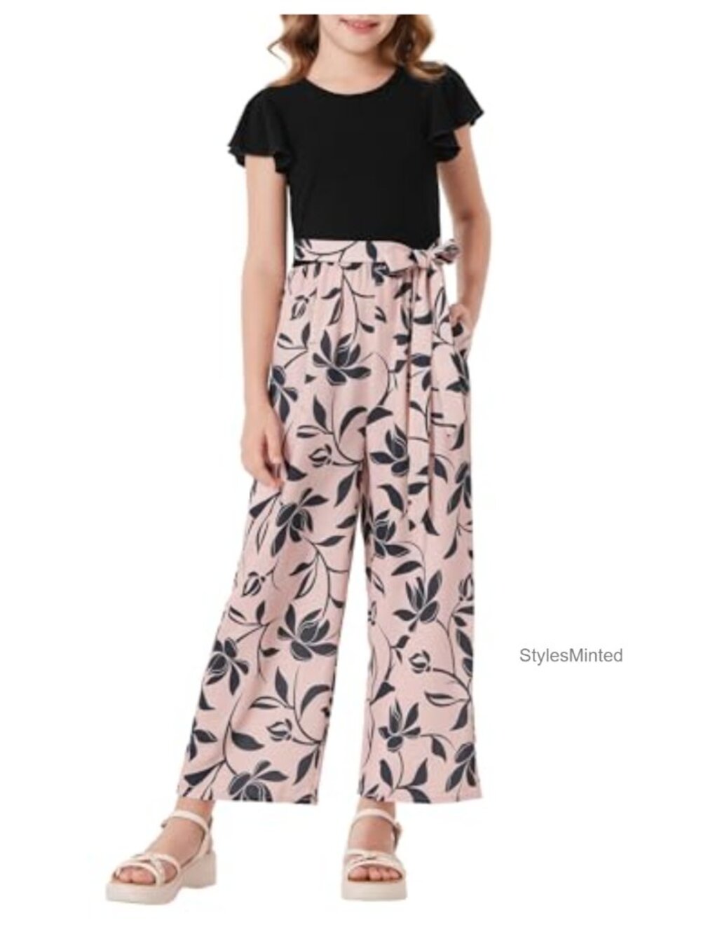 Girls Floral Jumpsuit Flutter Sleeve Belted Wide Leg Romper Summer Outfit